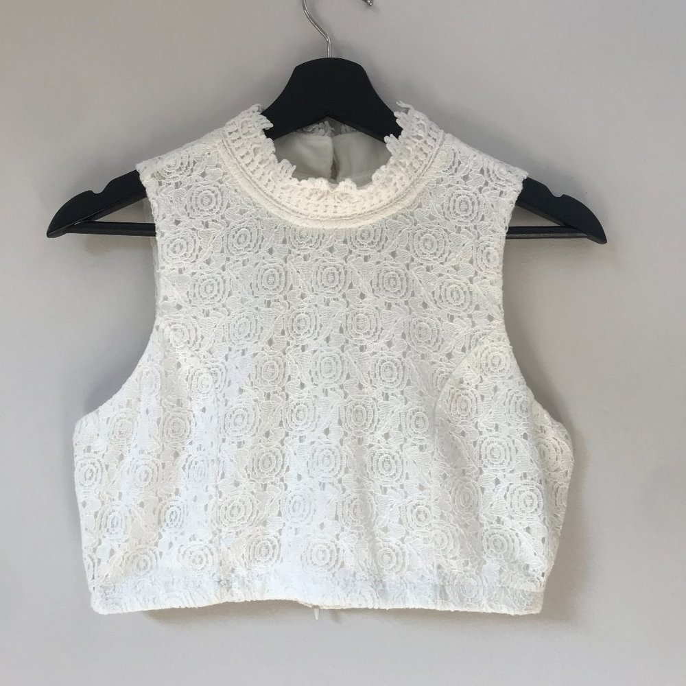 For Sienna White Lace Mock Neck Crop Top